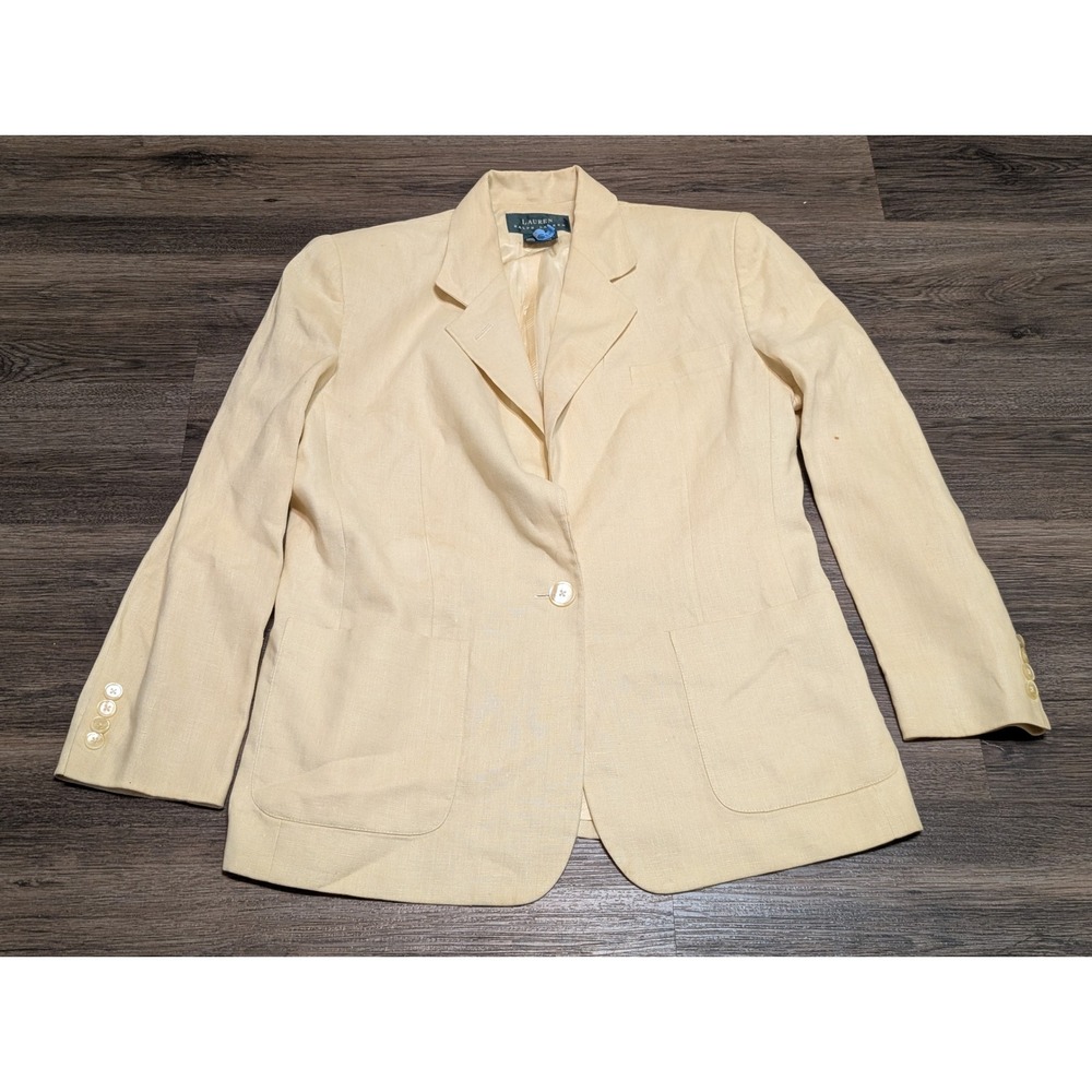 Lauren Ralph Lauren Womens‎ 8 Linen Blazer Cream One Button Jacket READ